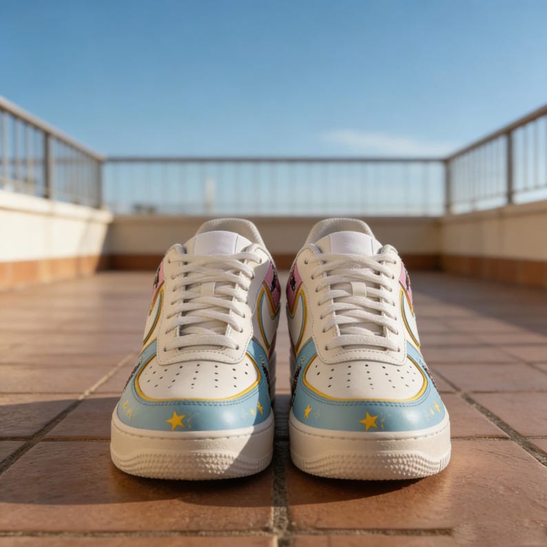 Pu&ograve; includere: Un paio di scarpe da ginnastica bianche con design personalizzati. Le scarpe presentano accenti azzurri, rosa e gialli, con stelle sulla punta. Lo swoosh iconico &egrave; visibile sui lati. Le scarpe da ginnastica sono su una superficie piastrellata marrone.