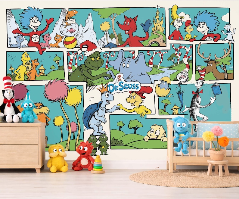 Dr Seuss Wallpaper Vintage Comic Wall Decal Lorex Wall Sticker Cat in ...