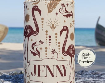 Personalized Vintage Flamingo Pattern Stubby Cooler | Customized Name Drink Sleeve