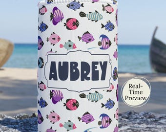 Personalized Fish Pattern Stubby Cooler | Custom Name Can Cooler, Beach Drink Insulator
