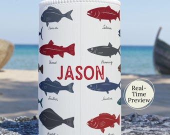 Personalized Nautical Fish Types Pattern Stubby Holder | Custom Name Drink Sleeve Gift