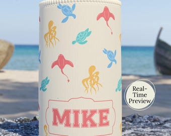 Personalized Sea Creatures Pattern Stubby Holder | Custom Name Option Tropical Ocean Design Drink Sleeve