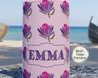 Personalized Pink Protea Floral Stubby Cooler | Customized Neoprene Koozie Drink Sleeve