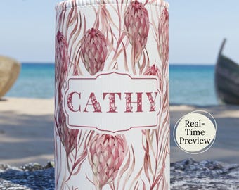 Personalized Pink Proteas Floral Monogram Stubby Cooler | Customized Name Drink Sleeve