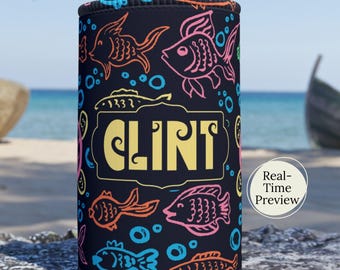 Personalized Neon Fish Pattern Stubby Cooler | Custom Name Turtle & Bubbles Can Koozie