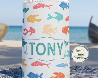 Personalized Colorful Fish Pattern Stubby Holder | Customized Name Drink Cooler Sleeve