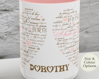 Personalized I Love You in Many Languages Heart Illustration Accent Mug