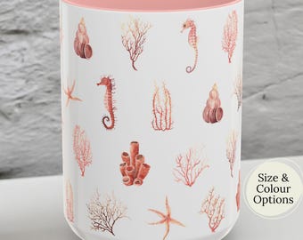 Watercolor Marine Wildlife Seashells and Seahorses Ceramic Accent Coffee Mug Novelty Gift