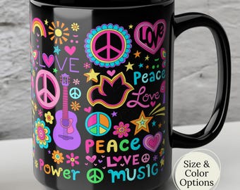 Hippie Peace Love & Music Mugs, Bohemian Vintage 70s-Inspired Accent and Enamel Cup Gifts