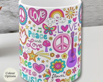 Hippie Peace Love & Music Mugs, Vintage 70s-Inspired Bohemian Coffee and Tea Cup Gifts