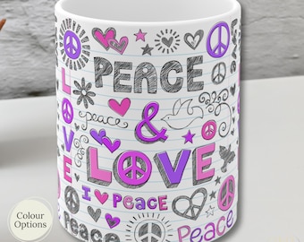 Peace & Love Hippie Vibes Mugs - Sketch Notebook Doodle Style Coffee and Tea Cup Gift