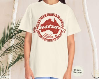 Personalized Australia Distressed Map Script Logo T-Shirt | Vintage Round Badge Travel Souvenir Tee