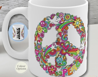 Personalized Peace Sign Coffee Mug, Hippie Flower Power Custom Name Gift
