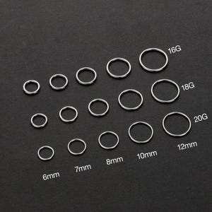 May include: An assortment of silver-coloured, circular body jewellery, such as nose rings and earrings, displayed on a dark background. Sizes are labelled as 6mm, 7mm, 8mm, 10mm, and 12mm, with gauges of 16G, 18G, and 20G.
