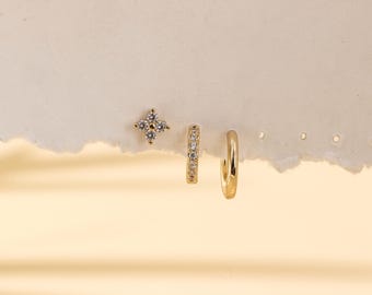 Gold Hoop and CZ Stud Earrings Set, Sterling Silver Cartilage Jewelry