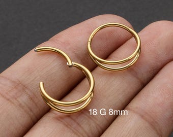 16G 18G 20G 6–12mm Double Hoop Nose Ring, Implant Grade Titanium Nostril Ring, Hinged Clicker Hoop, Stacked Nose Ring for Single Piercing