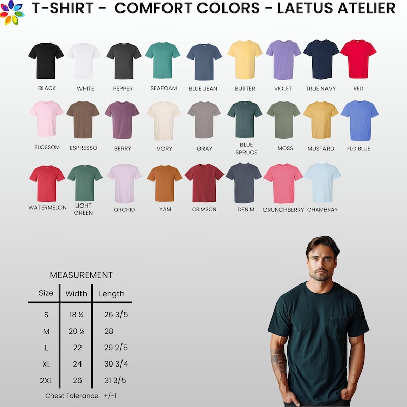 Pu&ograve; includere: Vengono presentate magliette colorate, che mostrano una gamma di tonalit&agrave; dal nero al rosso. L'immagine include una tabella delle misure dalla S alla 2XL e il testo "T-SHIRT - COMFORT COLORS - LAETUS ATELIER".