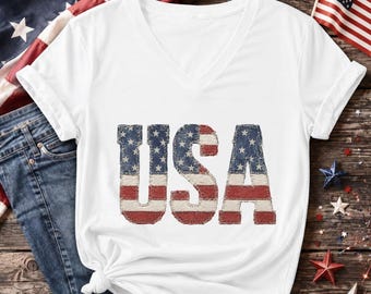 USA Faux Patchwork Bella Canvas Women V-Neck Shirt, 4th Of July Vneck Tee, Independence Day Tshirt, 250 Years America Gift
