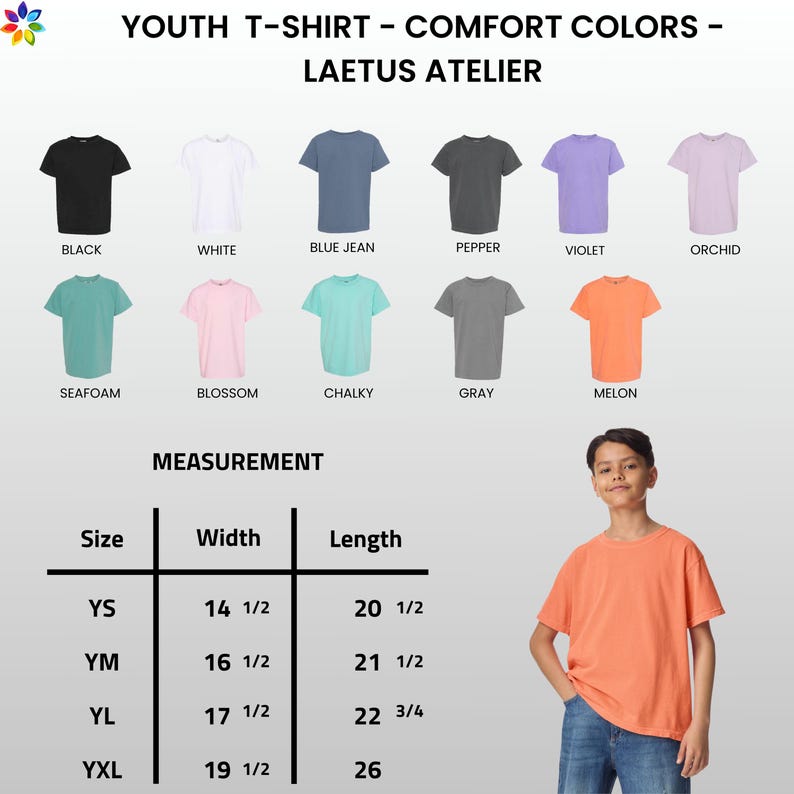 Pu&ograve; includere: Viene mostrata una maglietta da ragazzo di colore melone. L'immagine mostra vari colori di magliette: nero, bianco, blu jeans, pepe, viola, orchidea, verde mare, fioritura, gessoso e grigio. Vengono forniti anche i dettagli delle misure.