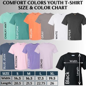 May include: A Comfort Colors youth t-shirt size and color chart displaying eleven short-sleeve shirts in chalky mint, seafoam, melon, gray, white, pepper, blue jean, blossom, violet, orchid, and black. A table lists widths and lengths in inches.