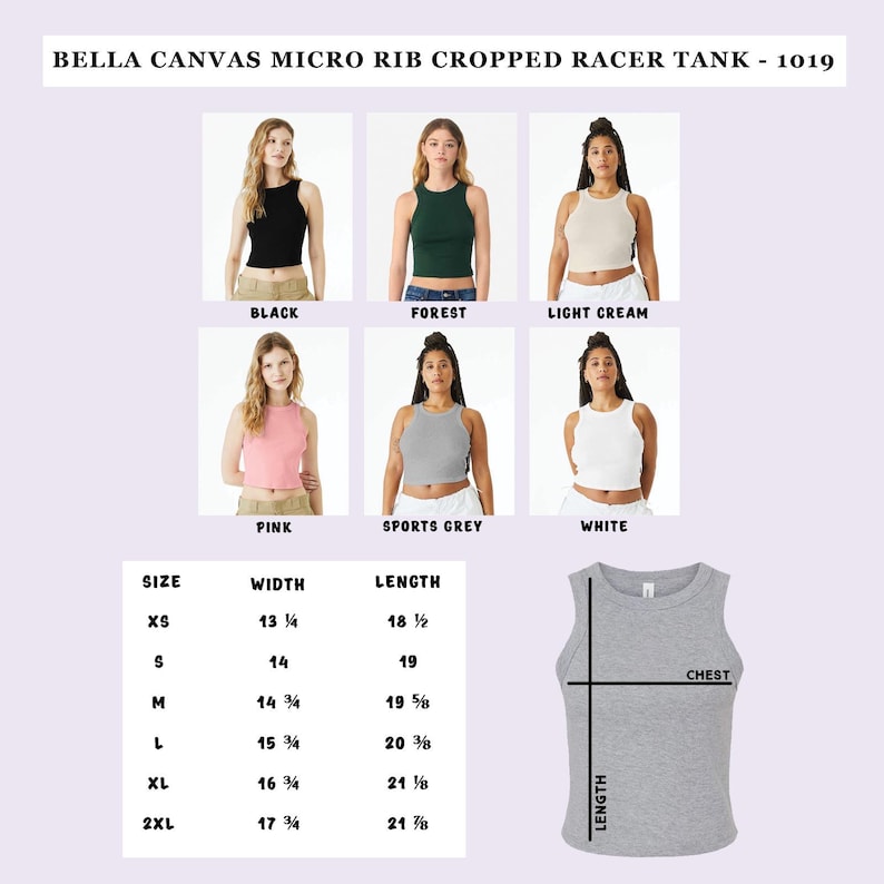 Może przedstawiać: Zdjęcie produktu przedstawia top Bella Canvas Micro Rib Cropped Racer w kolorach: czarnym, leśnej zieleni, jasnej śmietanki, r&oacute;żowym, sportowej szarości i białym. Tabela rozmiar&oacute;w pokazuje wymiary w cm, najmniejszy rozmiar ma szerokość 33.66 cm i długość 47 cm.