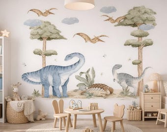 Wandaufkleber mit Dinosauriern im Dschungel: T-Rex, Brontosaurier, Pterodaktylus – Kinderzimmer