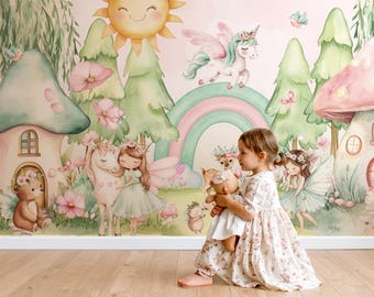 Märchenhafte Tapete mit Einhorn und Prinzessin, Vliestapete oder selbstklebende Tapete