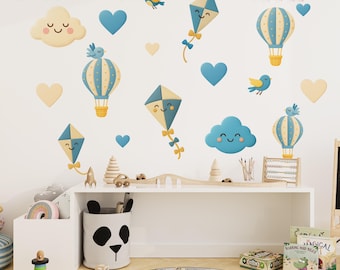Wandaufkleber fürs Kinderzimmer – Heißluftballon, Wolke, Drachen & Vogelaufkleber | Wanddeko fürs Babyzimmer | Pastellfarbene skandinavische Wandkunst für Kinder