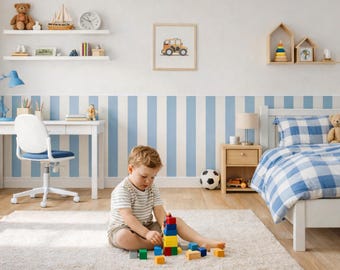 Blau-beige gestreifte Tapete, Kinderzimmerdekoration, selbstklebend oder vliesartig