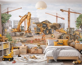 Wandtapete mit Bagger- und Muldenkippermotiv – Baustellendekoration für das Jungenzimmer