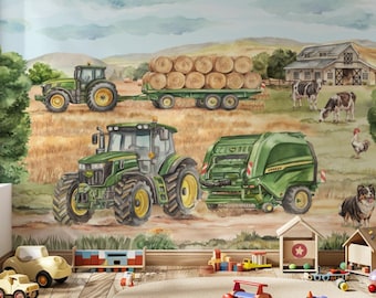 Kinderzimmer-Wandtapete „Traktor auf dem Feld“ mit Traktor, Kuh, Hund und Hahn – selbstklebend oder vliesartig.
