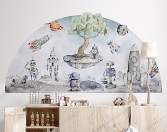 Wandaufkleber Roboter im Weltraum, Aquarell-Wanddekoration für ein Kinderzimmer PLANETEN DES WELTRAUMS