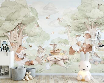 Waldtapete für Kinder, Wandbild mit Waldtieren, selbstklebend oder vliesartig