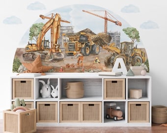 Wandaufkleber mit Bau- und Baumaschinenmotiven, Aufkleber mit Muldenkipper, Bagger und Kran