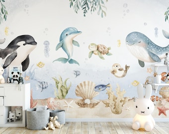 Ozean-Tapete für Kinder, Delfine und Freunde, selbstklebend oder vliesartig.