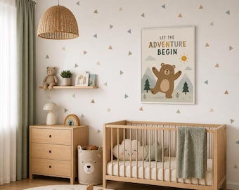 Triangles colorful wall stickers 140 pieces of triangles and a teddy bear poster for a wall decoration for a child's room