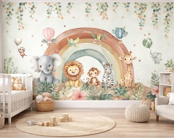 Safari-Tiertapete mit Regenbogenmotiv, selbstklebend oder vliesartig.