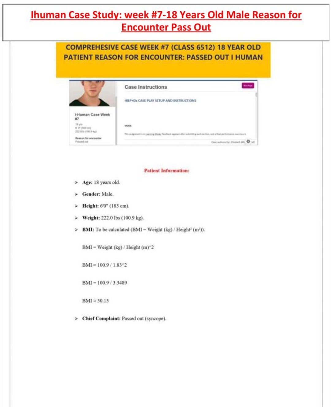 I-human Case Study Week #7-18 Years Old Male Reason for Encounter Pass ...