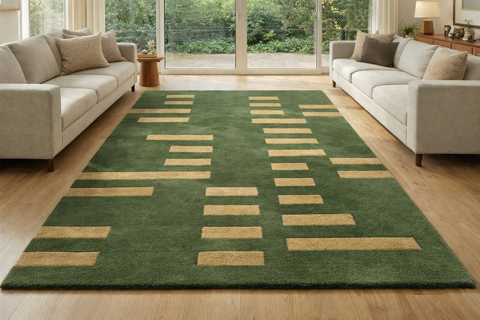Green Geometric Wool Area Rug, Handmade Tufted Abstract Rug, Modern ...