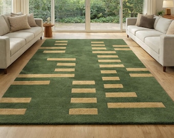 Green Geometric Wool Area Rug, Handmade Tufted Abstract Rug, Modern Living Room Carpet, Custom Size Luxury Home Decor