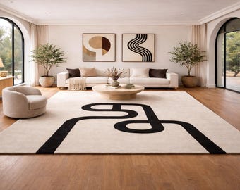 Abstract Black Ivory Wool Rug, Handmade Tufted Area Rug, Modern Curved Carpet, Custom Size Living Room Rug, Luxury Home Decor
