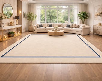 Hand Tufted Wool Rug: Ivory Blue Border Area Rug, Modern Luxury Carpet, Contemporary Living Room Rug, Handmade Designer Wool Rug