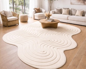 Hand Tufted Wool Wave Rug, Ivory Freeform Abstract Carpet, Modern Minimalist Living Room
