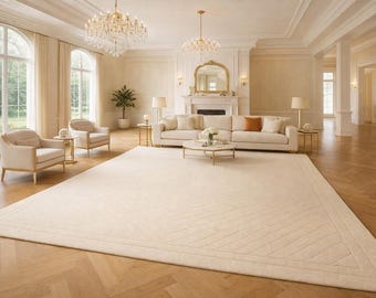 Ivory Area Rug, Minimalist Hand Tufted Wool Carpet, Modern Neutral Living Room Rug, Luxury Bedroom Area Rug