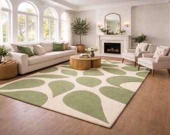 Alfombra con estampado de hojas, alfombra botánica, alfombra de lana tejida a mano, alfombra de hojas verdes, alfombra para sala de estar inspirada en la naturaleza, alfombra de decoración orgánica moderna