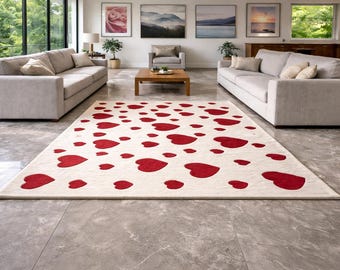 Alfombra de lana con estampado de corazones, alfombra de área tejida a mano, alfombra romántica de San Valentín, alfombra de sala de estar de tamaño personalizado, linda decoración para el hogar