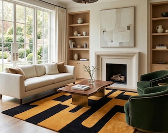 Black Gold Wool Rug, Hand Tufted Geometric Area Rug, Modern Abstract Carpet, Luxury Living Room Rug, Custom Size Wool Rug Decor