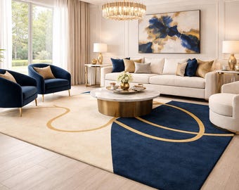 Modern Abstract Area Rug, Navy Blue Geometric Carpet, Hand Tufted Wool Rug, Contemporary Living Room Designer Rug