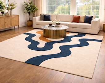 Abstract Wave Rug, Blue Ivory Area Rug, Hand Tufted Wool Rug, Modern Living Room Carpet, Organic Designer Rug, Contemporary Statement Rug