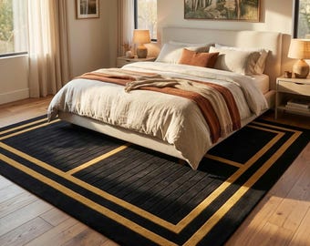 Hand Tufted Wool Rug, Black Gold Geometric Border, Luxury Modern Carpet